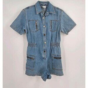 International Button Front Carpenter Vibe Pockets Blue Jean Romper Sz 9/10
